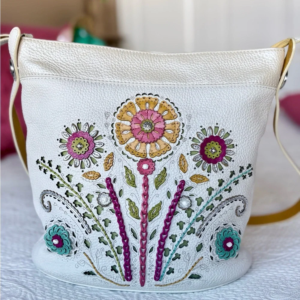 Brighton Hazel Floral Embroidered White Leather Shoulder Bag - Picture 11 of 11